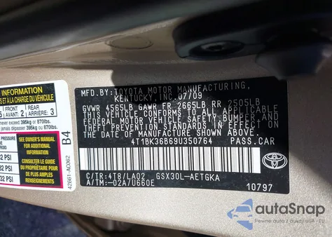 2009 Toyota Avalon Xls z USA, uszkodzony, nr VIN 4T1BK36B69U350764